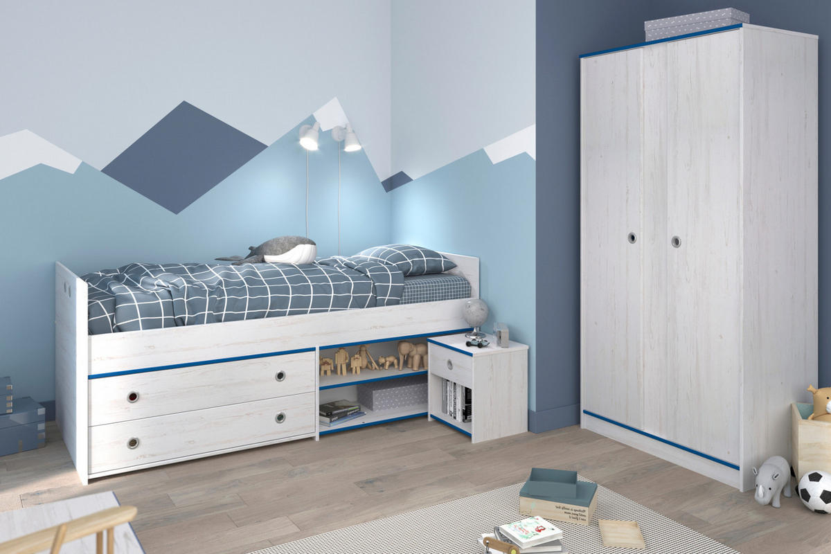 KINDERZIMMER Set mit Bett 90x200 Nachttisch und Kleiderschrank - Weiß/Kieferfarben, Holz/Holzwerkstoff (203/182/95cm) - Parisot Meuble