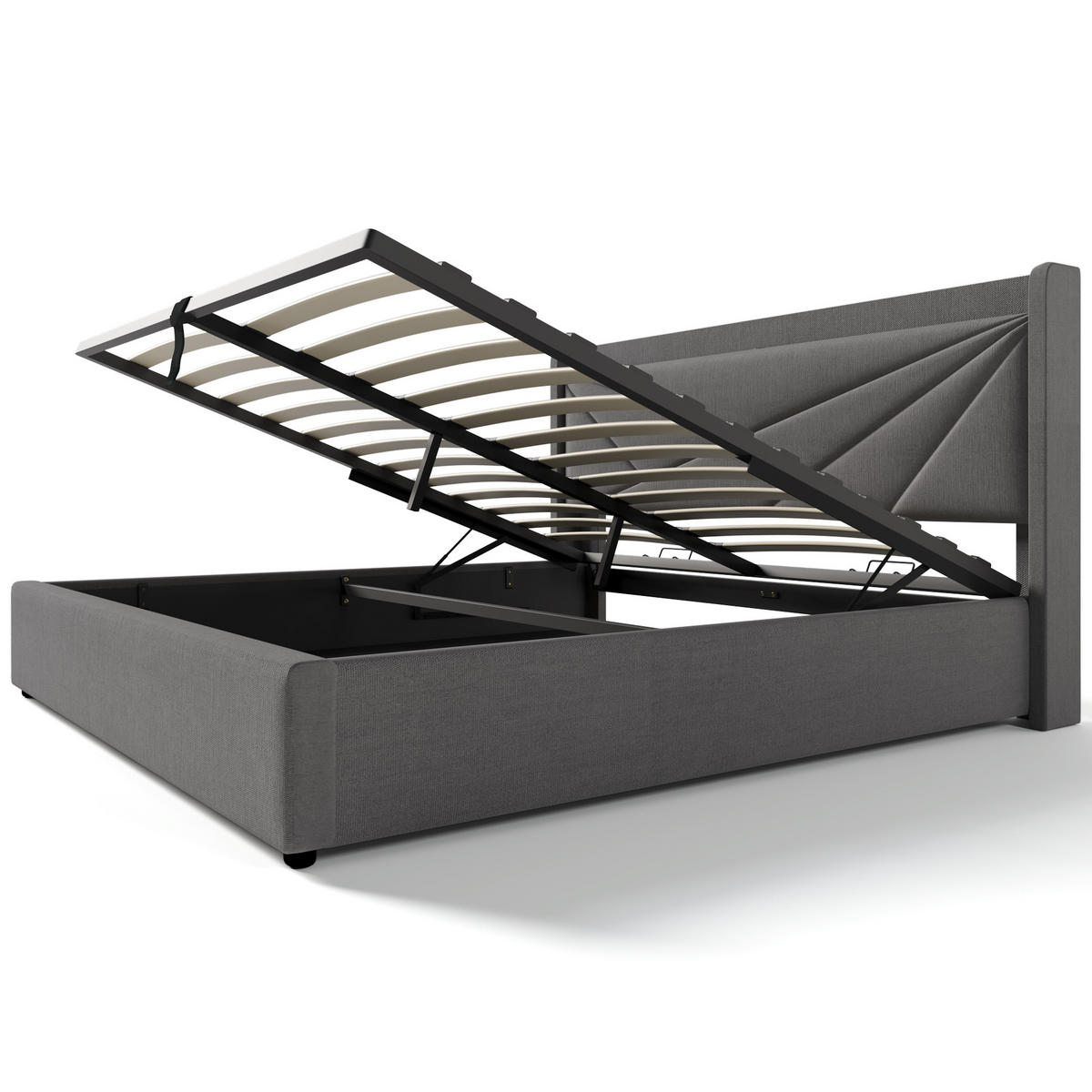 POLSTERBETT 146/208/107 cm grau aus Baumwollleinen mit Stauraum, USB-C und Matratze - Grau, Textil (140/200cm) - OKWISH