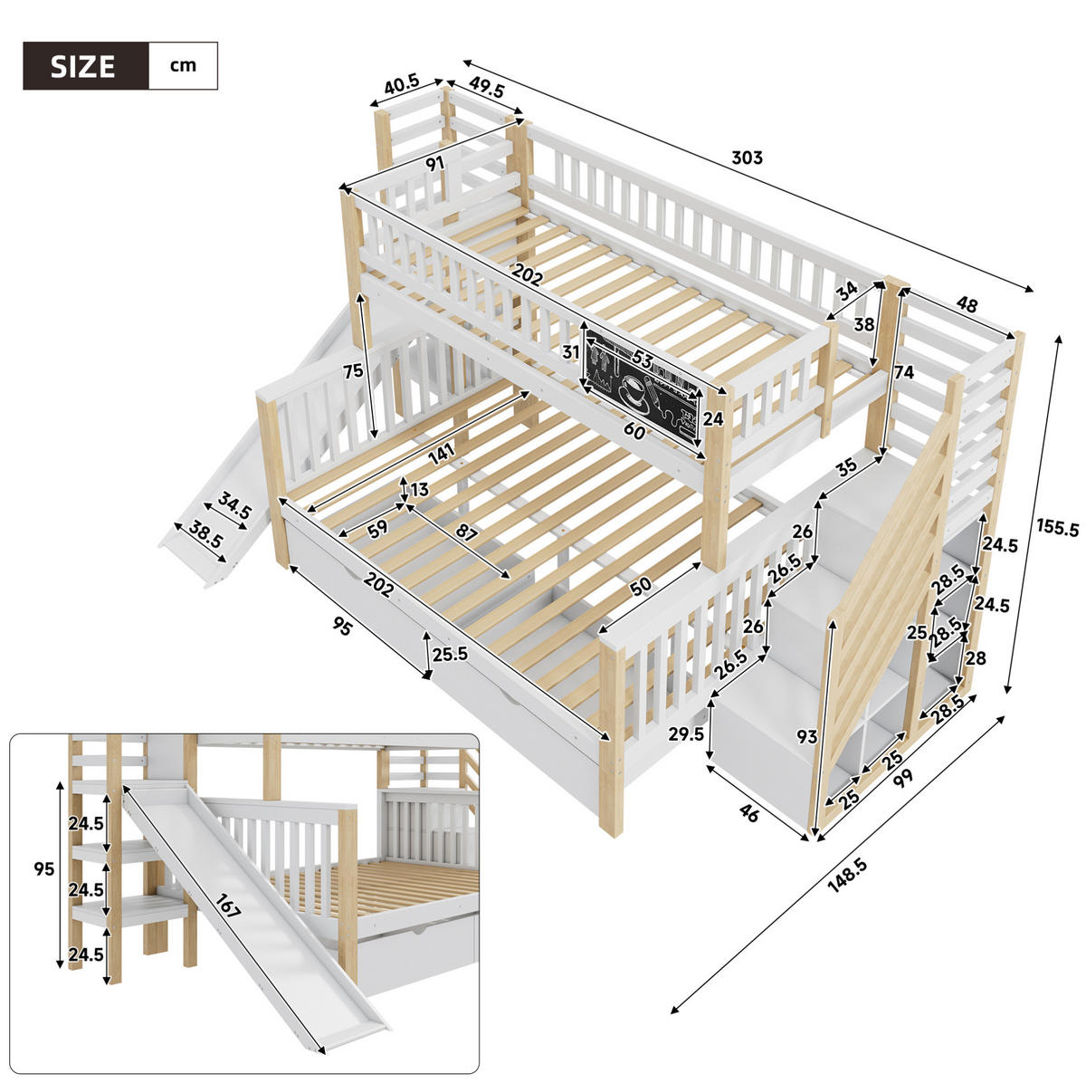 ETAGENBETT 140/200 cm Weiß mit Rutsche und Stauraum - Weiß, Holz (140/200cm) - OKWISH