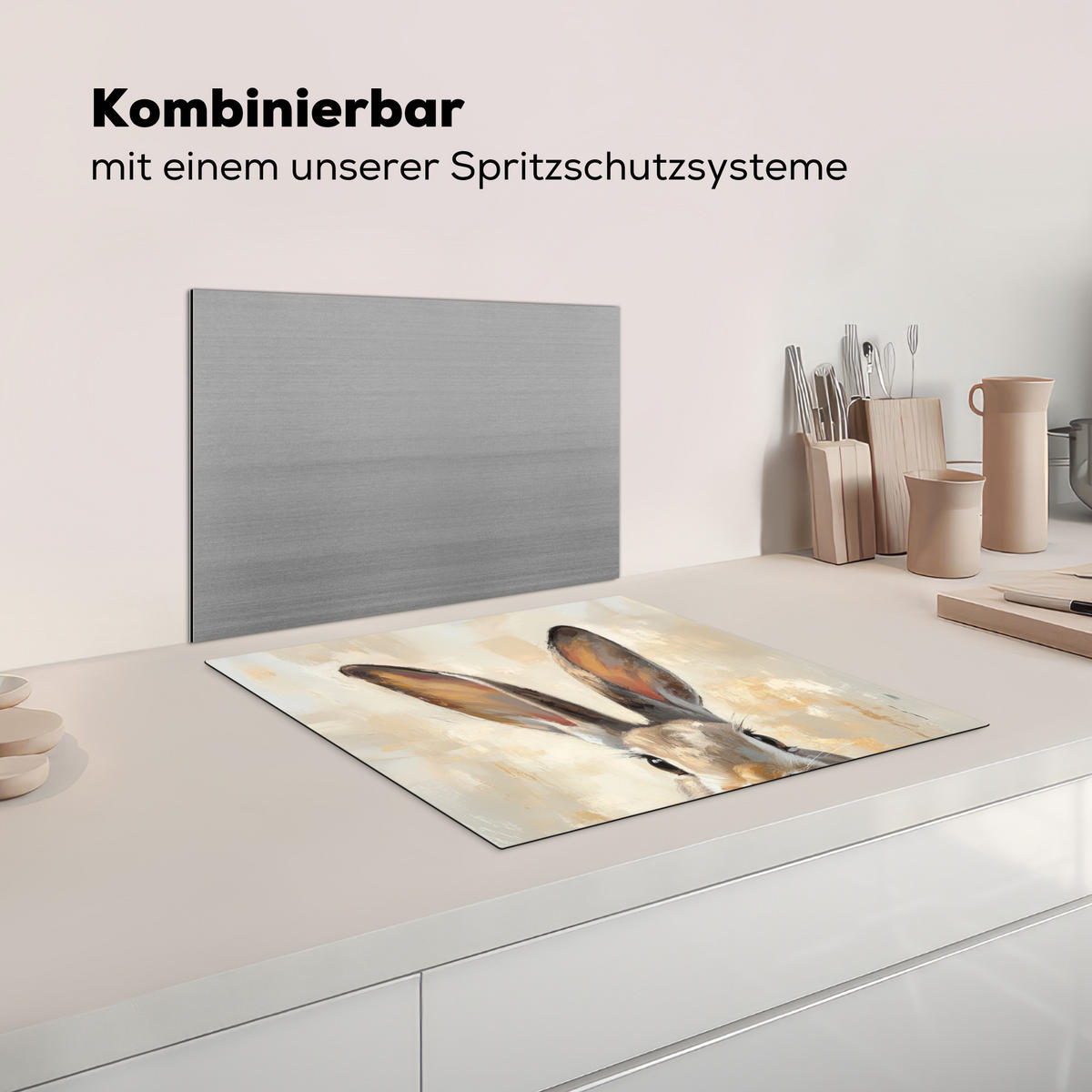HERDABDECKPLATTE Hase - Ohren - Braun Herdabdeckung Induktionsfeld 60x52 cm - Beige, Kunststoff (60/52/0.2cm) - MuchoWow