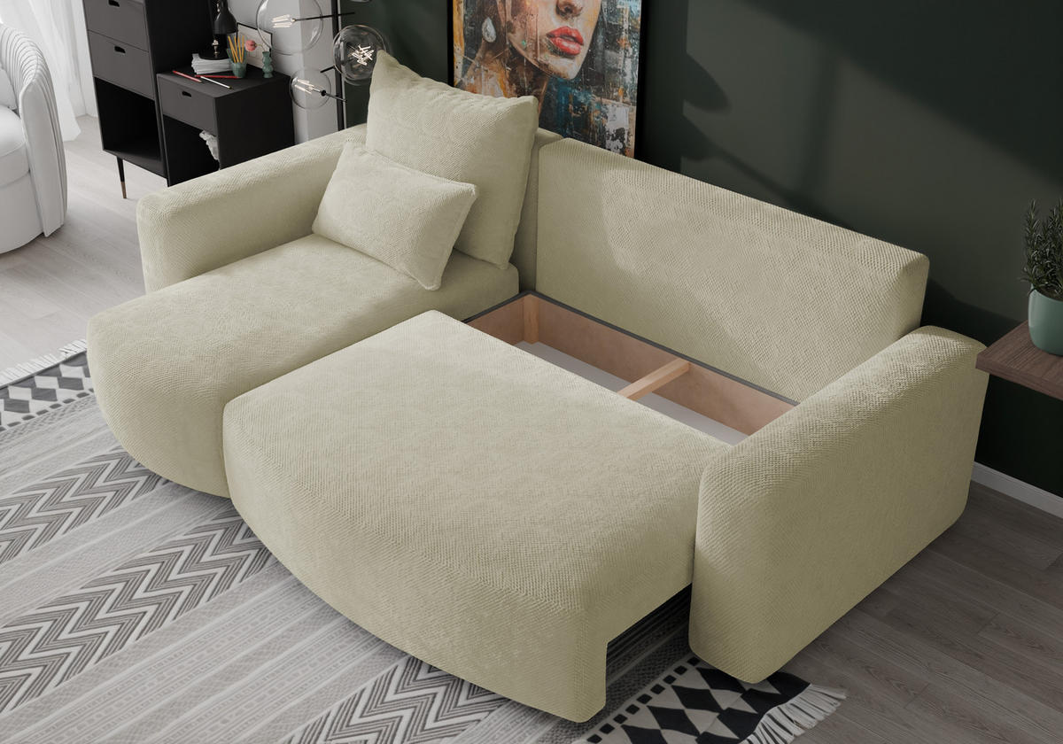 ECKSOFA Travis mit Bettkasten und Schlaffunktion, L-Form, Cord, Universal - Ecru, Holzwerkstoff (248/148cm) - 4ALL HOME