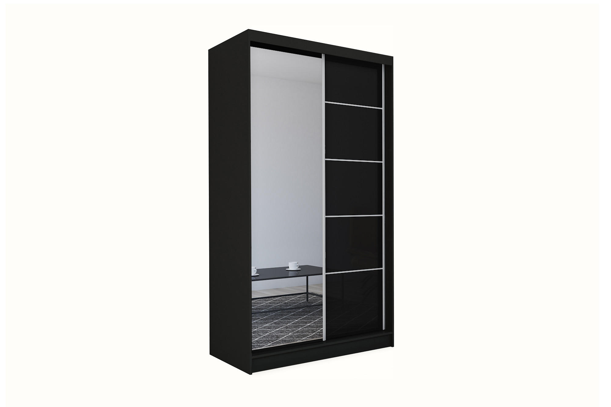 SCHWEBETÜRENSCHRANK MIRELLA 150/216/61 cm 2-türig mit Spiegel Schwarz - Schwarz, Holzwerkstoff (150/216/61cm) - MASSENO