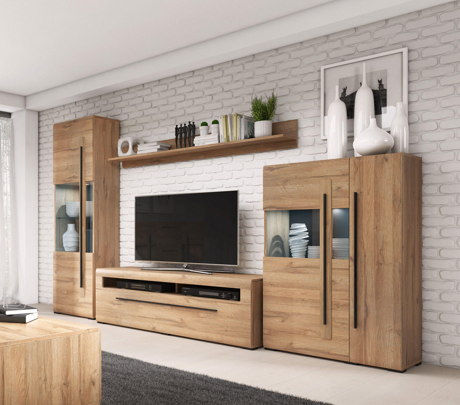 Thumbnail - Feldmann-Wohnen Wohnwand, Eiche, Eiche, Holz, 10 Fächer, 1 Schubladen, Rechteckig, 290x204x50 cm, Wohnzimmer, Wohnwände,...