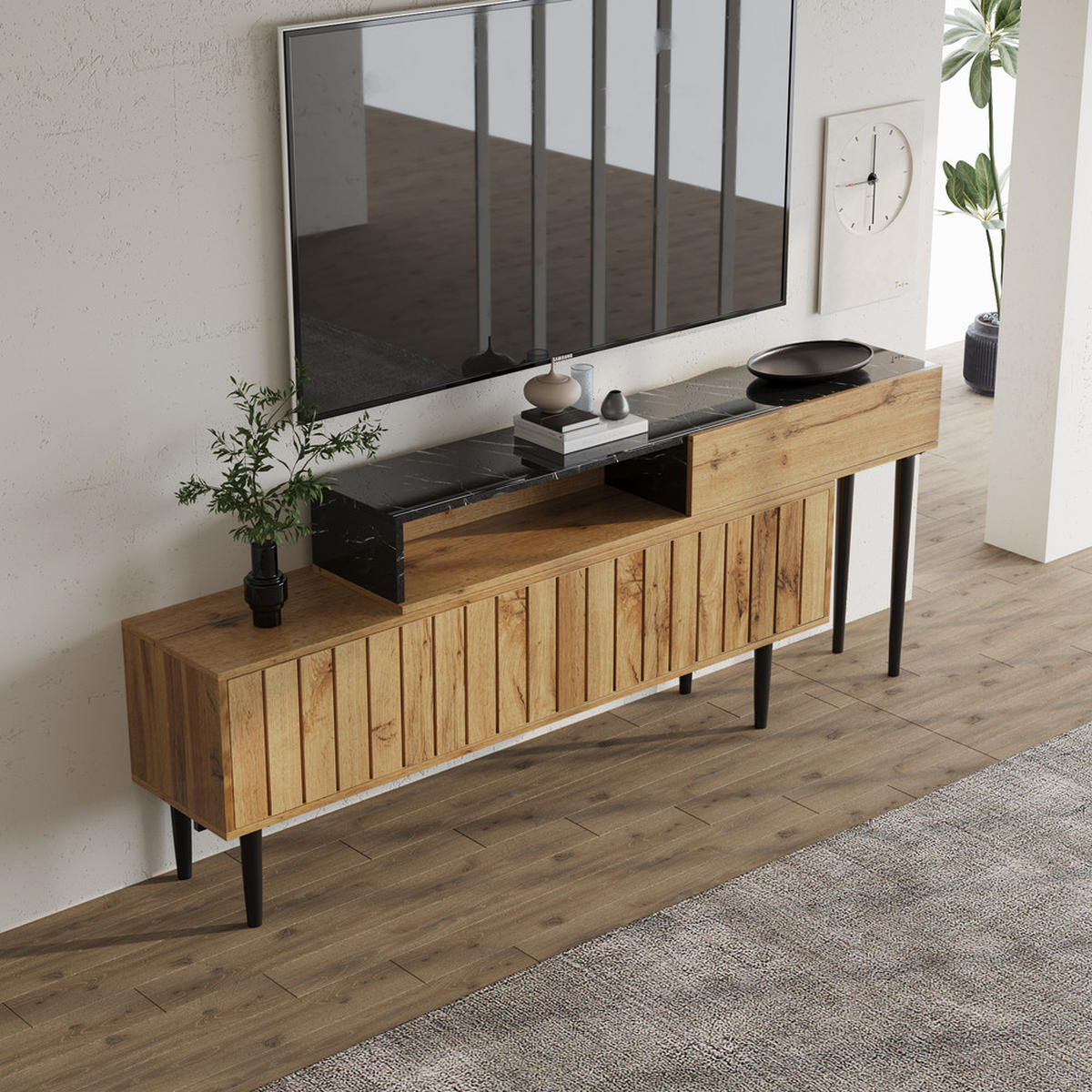 TV-STÄNDER Modern Marmor & Holzmaserung Eisenbeine Naturholz - Braun, Holz (37.5/17/133cm) - FLIEKS