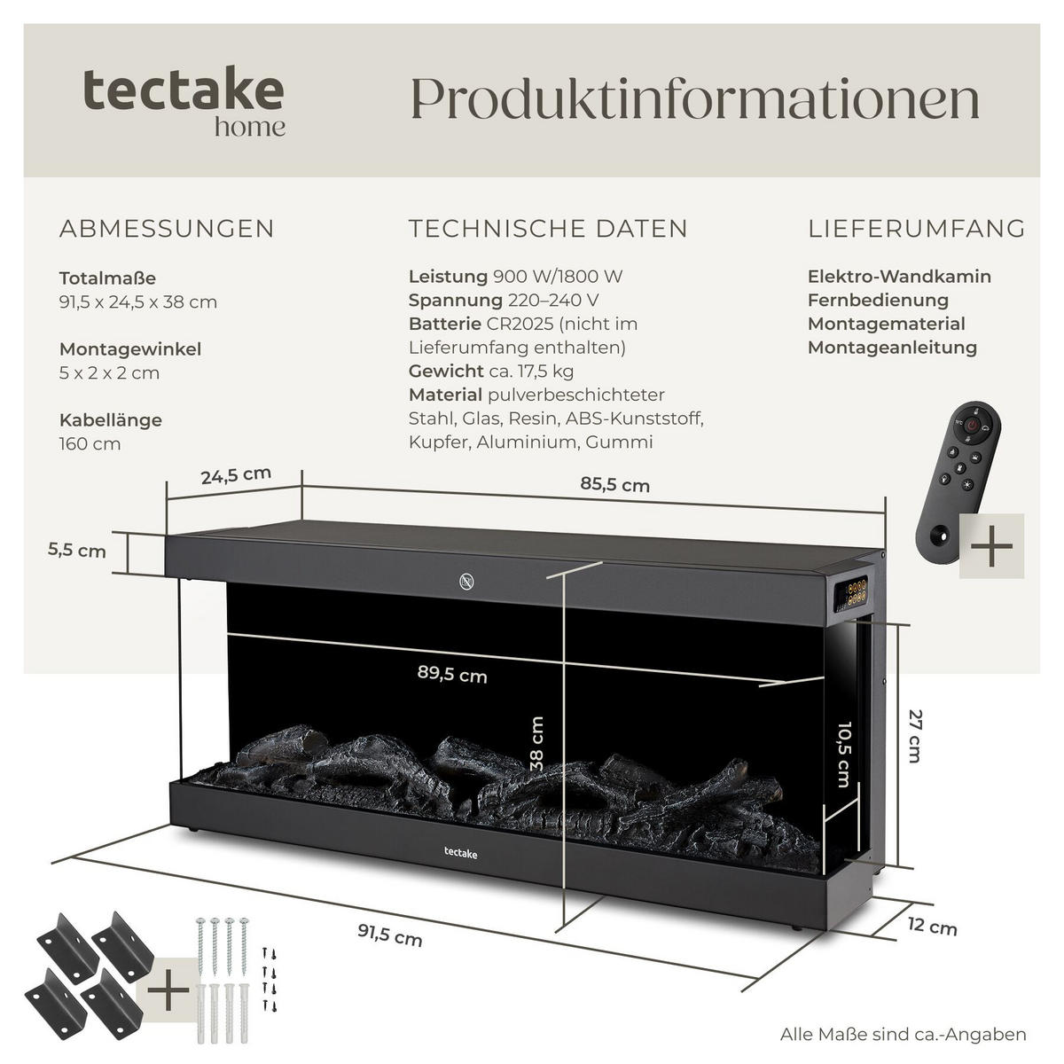 ELEKTRO-WANDKAMIN Luciano,mit Fernbedienung und App-Steuerung, integriertes Thermostat,schwarz - Schwarz, Metall (91.4/38/24.5cm) - tectake