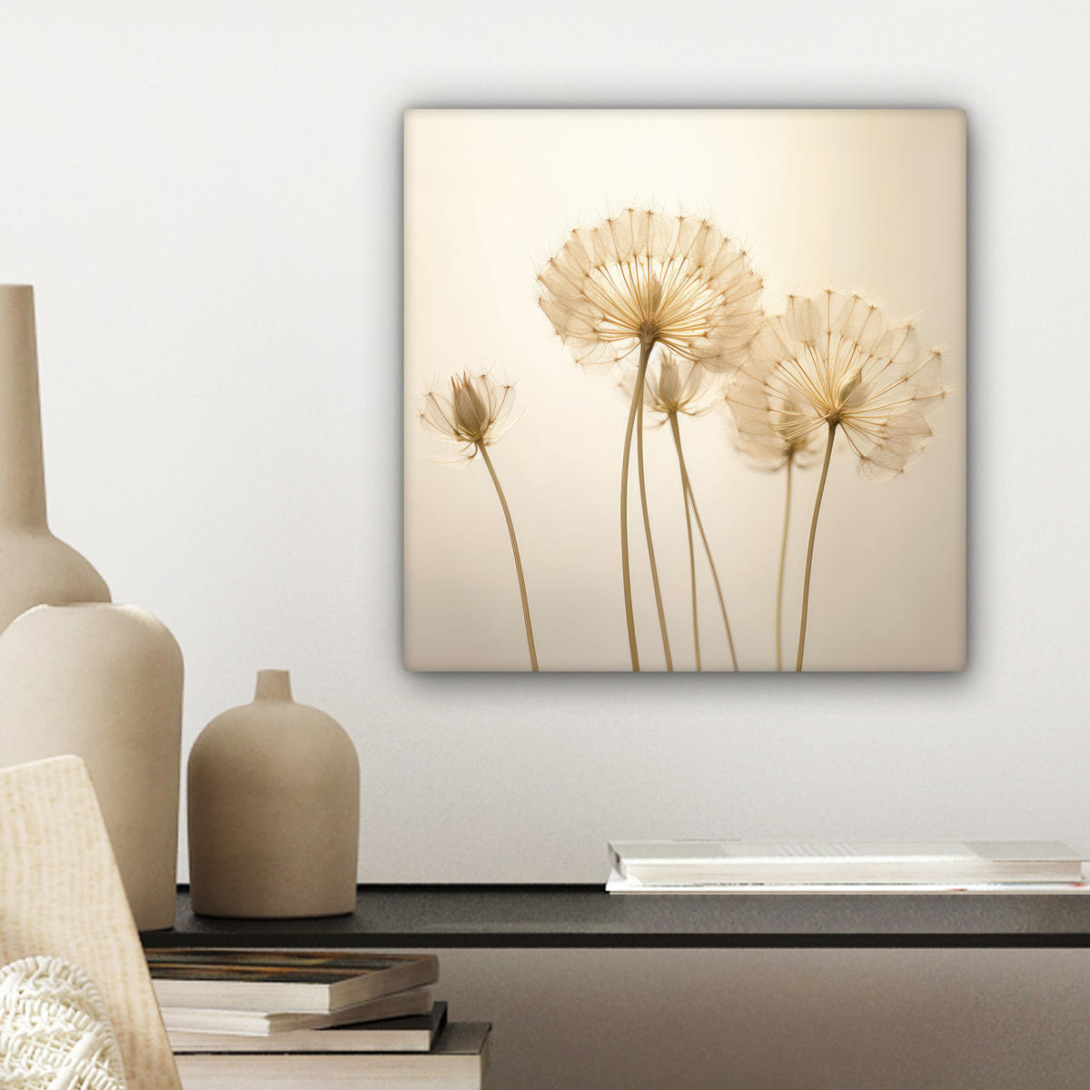 LEINWANDBILD Sonnenlicht - Löwenzahn - Botanisch - Blumen Deko Wohnzimmer 20x20 cm - Creme, Textil (20/20cm) - MuchoWow