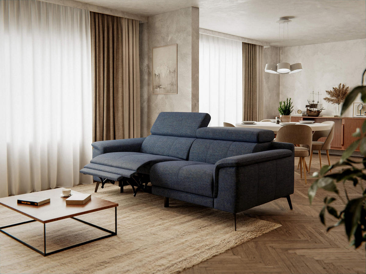 RELAXSOFA FIERO 3-Sitzer mit 1 Relaxfunktion, dunkelblau - Schwarz/Dunkelblau, Holzwerkstoff/Textil (212/82/103cm) - Courtois Laville