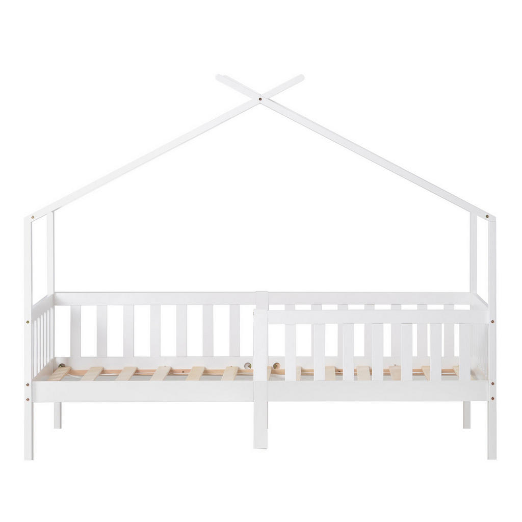 OKWISH DOMEČKOVÁ postel 200/90 cm bílá z borovicového masivu s bezpečnostním zábradlím a úložným prostorem