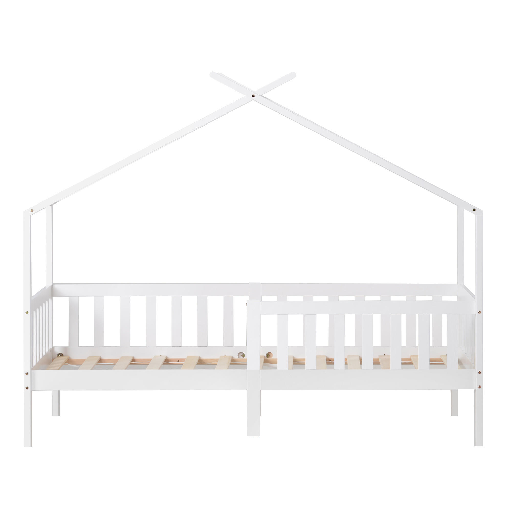 HAUSBETT 90/200 cm Weiß aus Massivholz mit Sicherheitspodest und Lattenrost - Weiß, Holz (90/200cm) - OKWISH