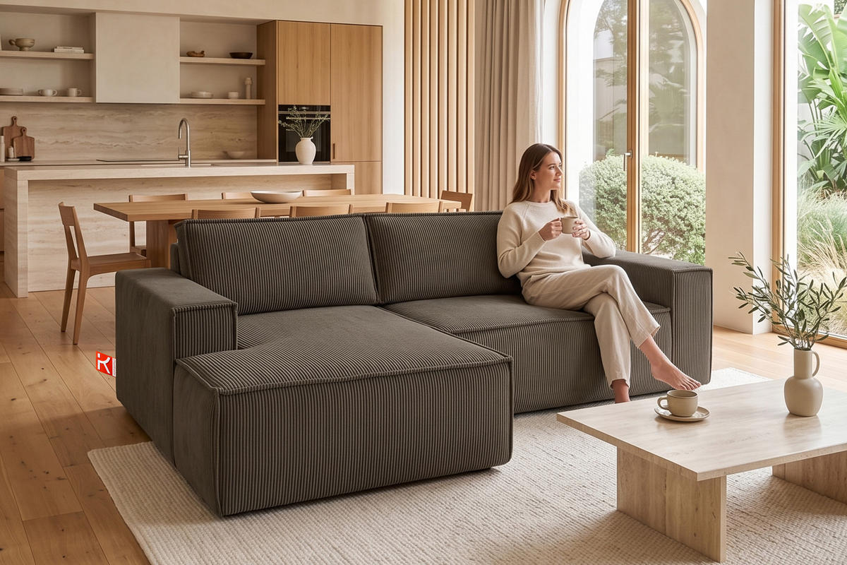 ECKSCHLAFSOFA-LINKS NAPI in Pet Friendly Cord-Stoff, braun - Schwarz/Braun, Textil (262/148cm) - KONSIMO®
