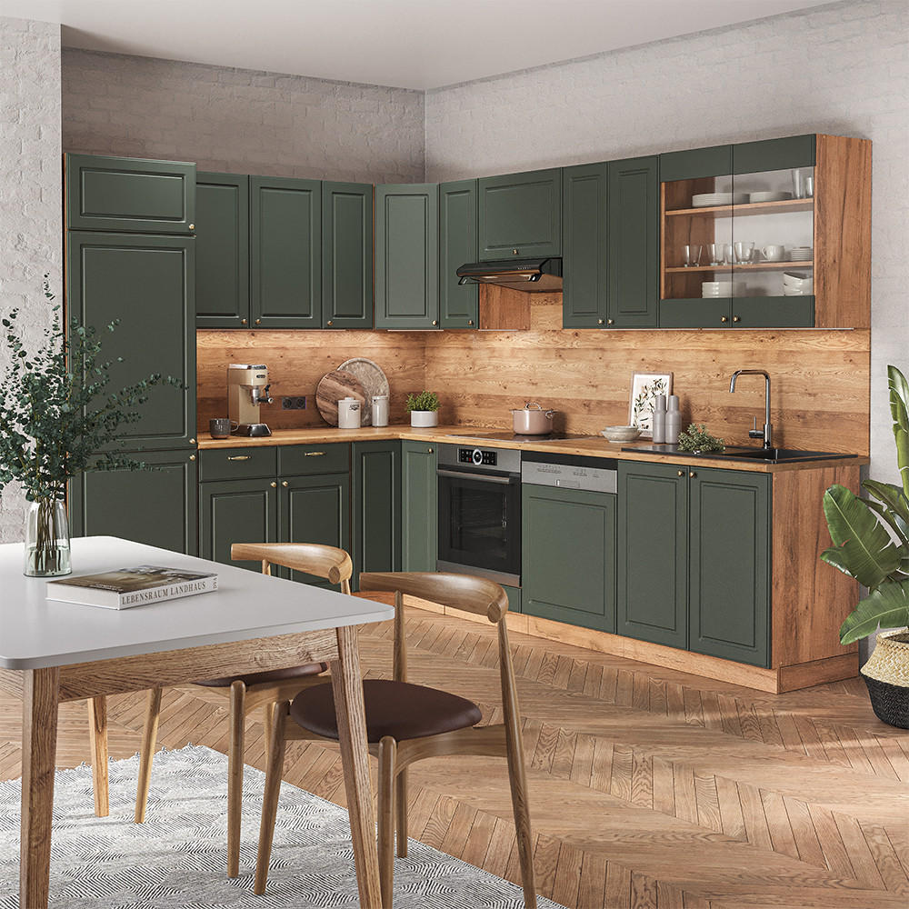 ECKKÜCHE Fame-Line Grün-Gold Landhaus/Goldkraft Eiche 227 x 60 cm ohne AP - Honigeiche/Grün, Holzwerkstoff (287/81.6/46cm) - Vicco