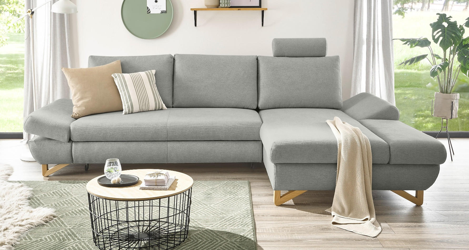 ECKSOFA hellgrau Velours, Sofa mit Bettfunktion und Stauraum 284 cm - Hellgrau, Holz/Textil (284/166cm) - Furn.Design