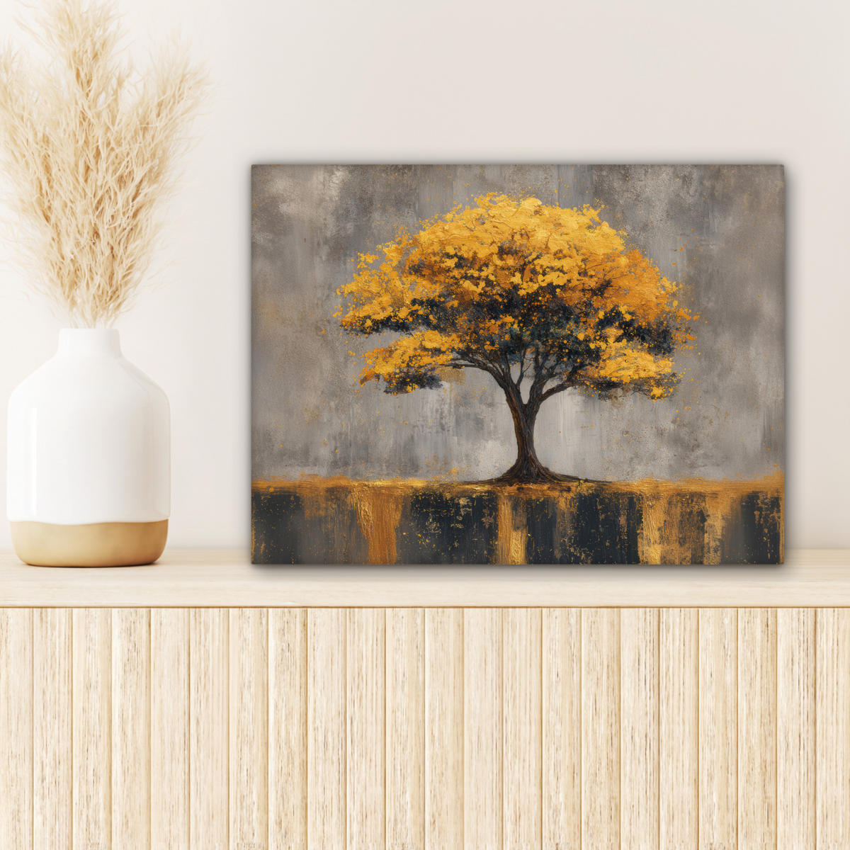 LEINWANDBILD Baum - Blätter - Gold - Abstrakt Wandbild 40x30 cm - Grau, Textil (40/30cm) - MuchoWow