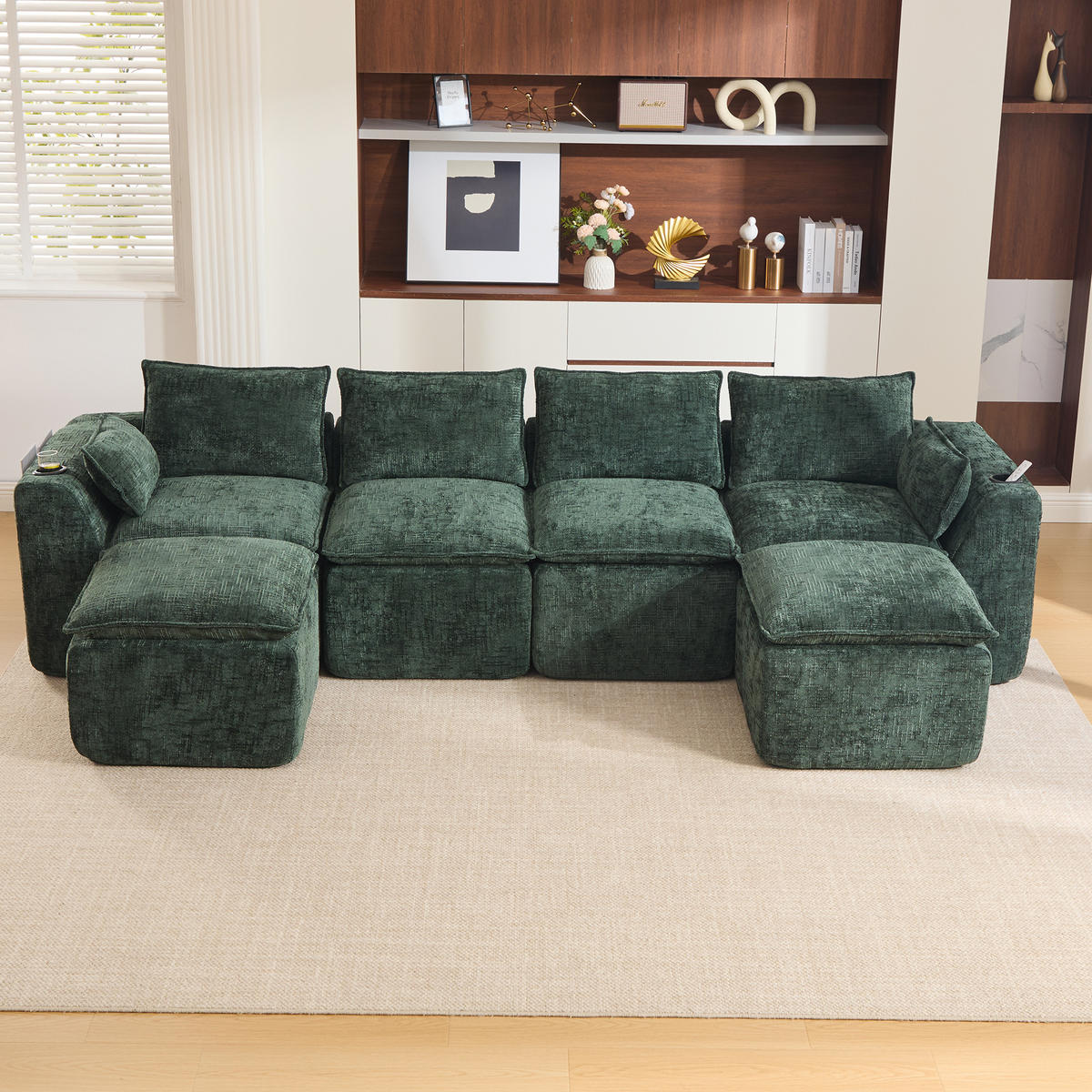4-SITZER-SOFA aus Chenille, modular mit 2 Fußhockern und Getränkehaltern - Grün, Textil (322/75/161cm) - Urban Meuble