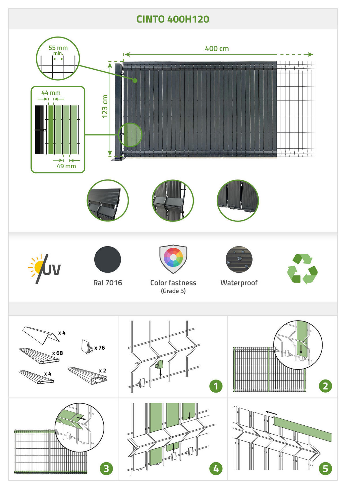 PVC-SICHTSCHUTZLAMELLEN-STEIF-SET Cinto grau 4m H.120cm - Mit clips und Endprofil - Grau, Kunststoff (400/123cm) - Casanoov