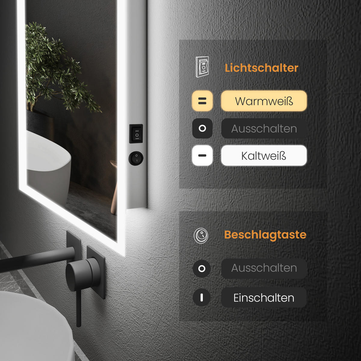 BADSPIEGEL mit Antibeschlag Beleuchtung 120/60/3,5 cm - Transparent, Glas (60/120/3.5cm) - EMKE