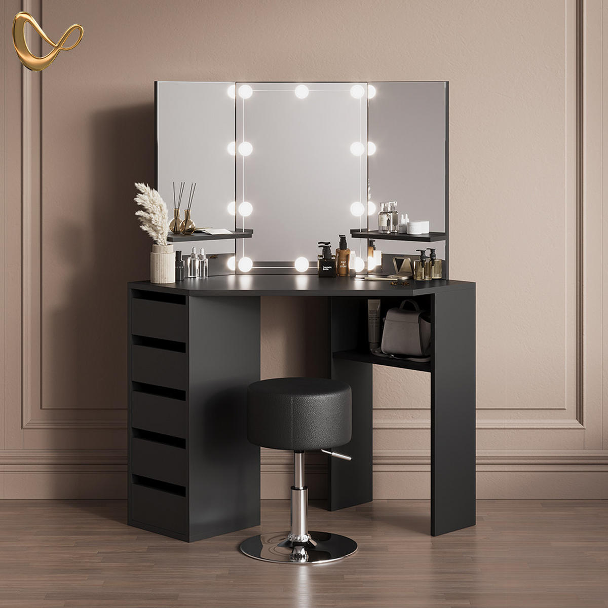 ECKSCHMINKTISCH Enna Schwarz 110 cm mit LED Beleuchtung und Hocker - Schwarz, Holzwerkstoff (110/141.5/54cm) - Livinity®