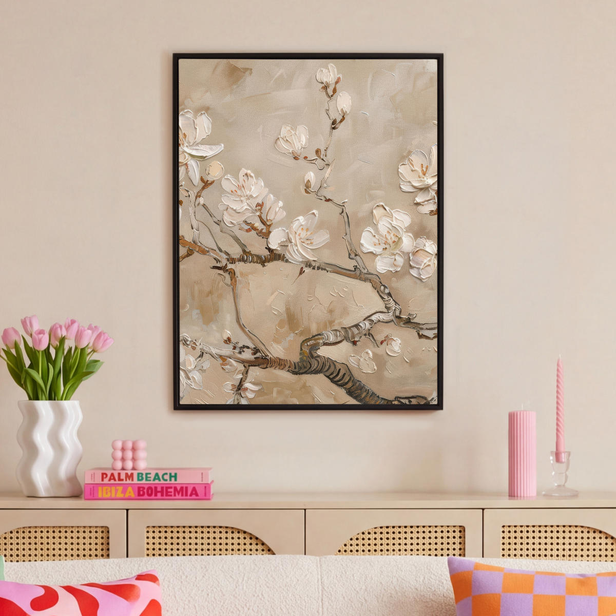 LEINWAND Bilder mit Rahmen - Blumen - Modern - Beige - Weiß - Blüte - 70x100 - Beige, Textil (70/100cm) - MuchoWow