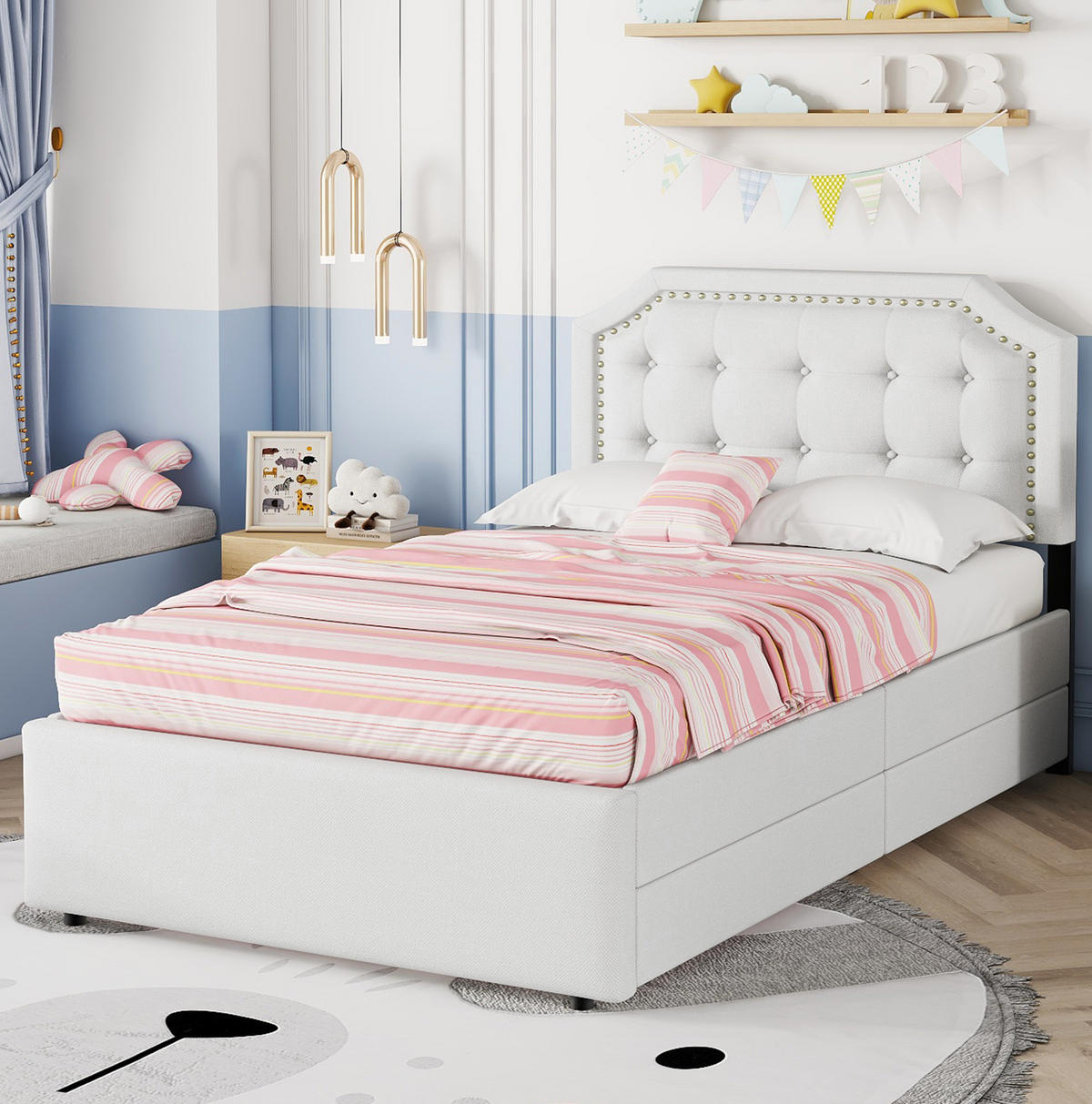 ČALOUNĚNÁ postel 90/200 cm světle béžová z MDF a lněné tkaniny se 2 zásuvkami - ecru, kompozitní dřevo (90/200cm) - OKWISH