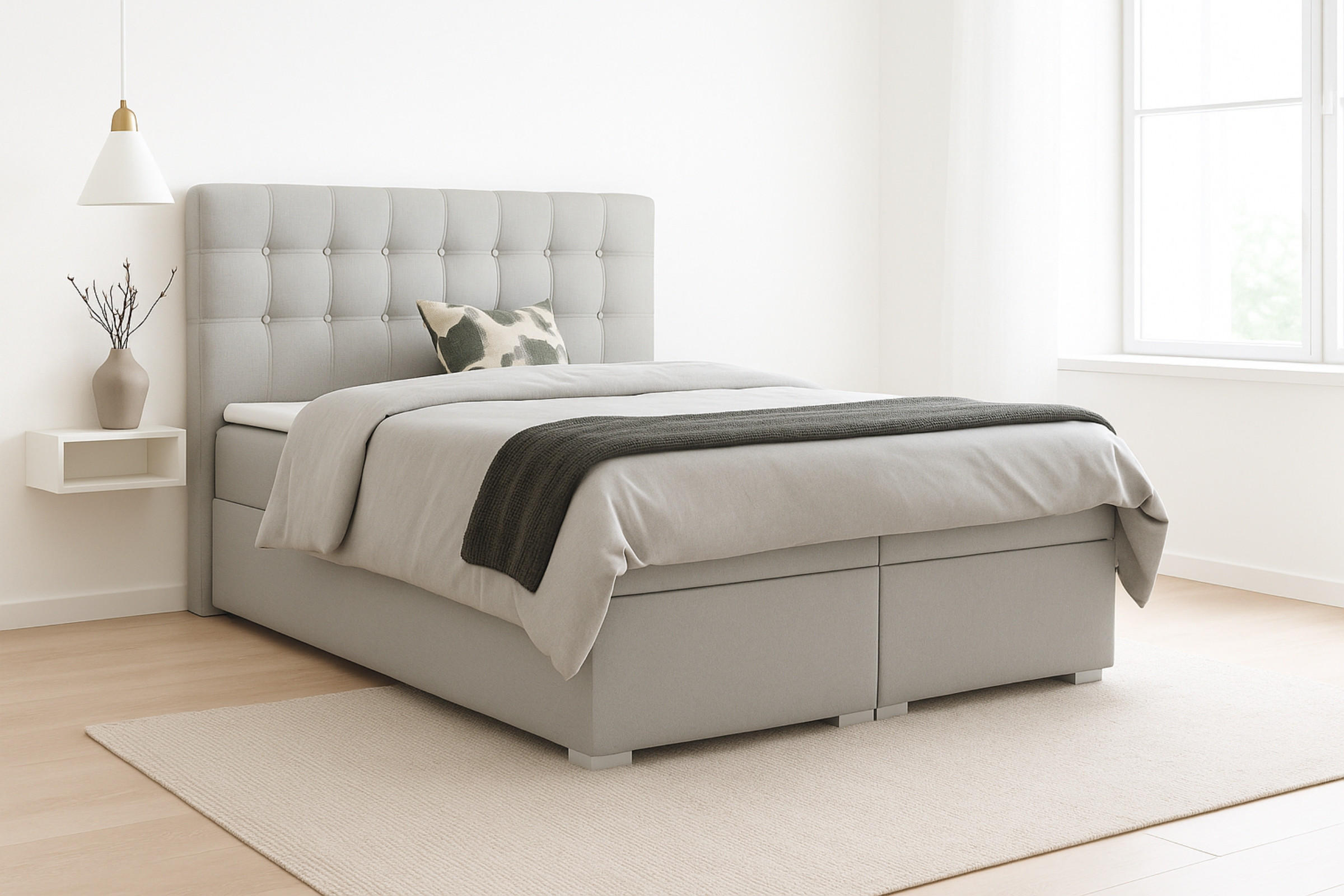 BOXBETT CLAUDIA 180/200 Velour Hellgrau mit Taschen-Federkernmatratzen 7 Zonen H4 - Hellgrau, Holzwerkstoff (180/200cm) - Deine Möbel 24