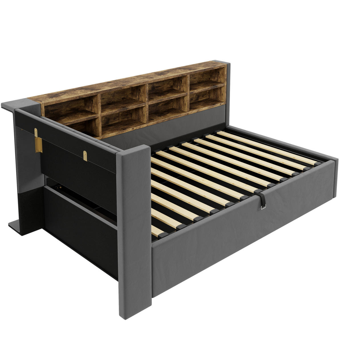 POLSTERBETT aus Samt 90x200 cm Grau mit hydraulischem Bettkasten, Nachtlicht und USB-/Typ-C-Anschluss - Grau, Textil (90/200cm) - Modfu