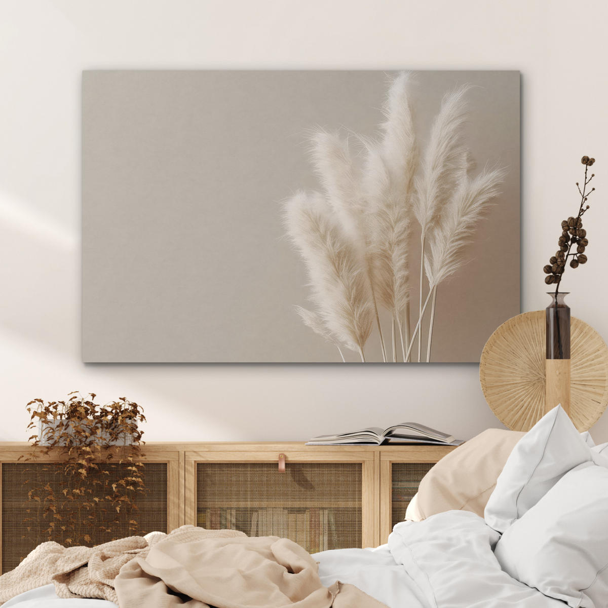 AKUSTIKPANEEL Pampasgras - Federn - Pastell - Weiß 100x70 cm - Naturfarben, Textil (100/0.9/70cm) - MuchoWow