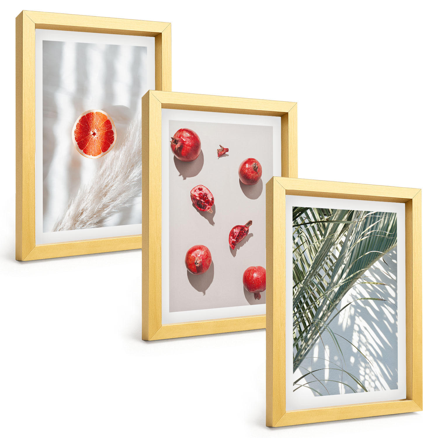 BILDER SET 3er Set - 20x30 cm Goldrahmen - Feiertagspalmenfrüchte - Goldfarben, Kunststoff (20/30cm) - TULUP