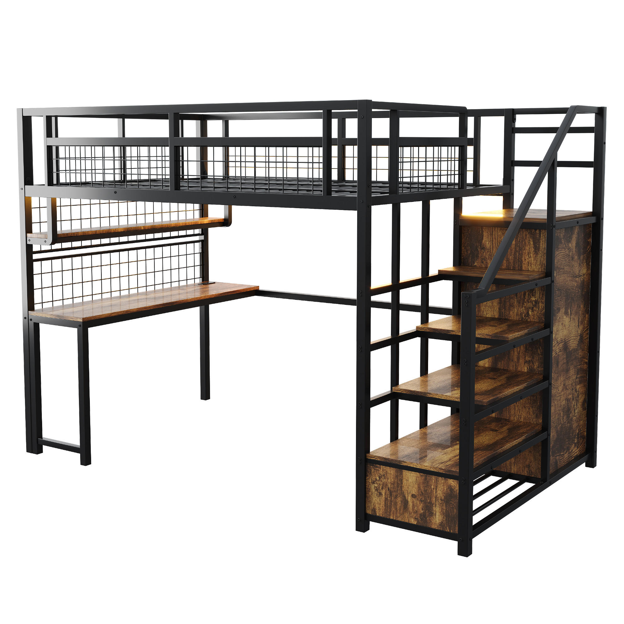 HOCHBETT 140/200 cm DE-01675, in Schwarz, mit Lichtleiste, Steckdose, Stauraumleiter und Schreibtisch - Schwarz, Metall (140/200cm) - ComfortXL