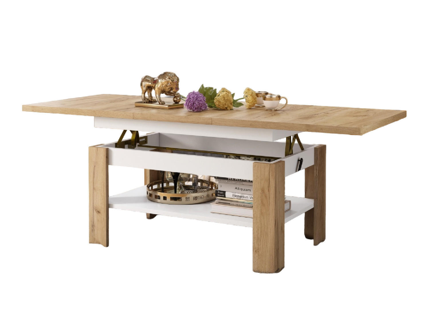 COUCHTISCH rechteckig Eiche Gold - Weiß ausziehbar höhenverstellbar - Eichefarben/Weiß, Holzwerkstoff (65/130/58cm) - designimpex