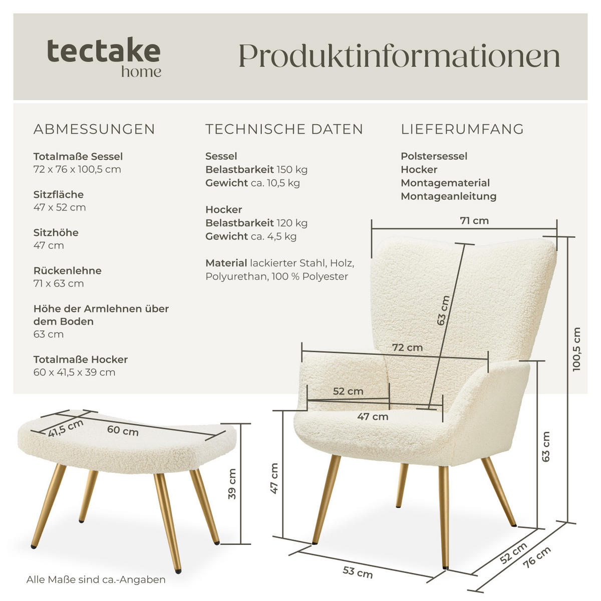 SESSEL Hygge,72 x 76 x 100,5 cm,Bouclé creme/gold - Goldfarben/Creme, Kunststoff (72/100.5/76cm) - tectake