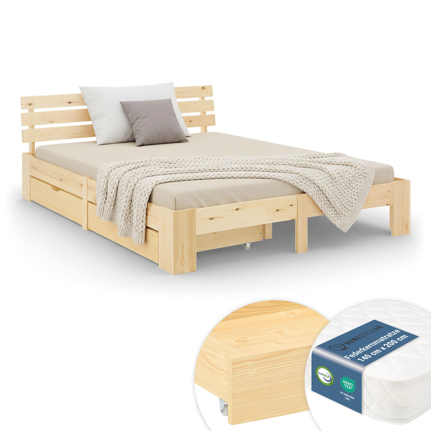 HOLZBETT Natur 140/200 cm mit Federkernmatratze und 2 Bettkästen - Naturfarben, Holz (140/200cm) - Homestyle4u