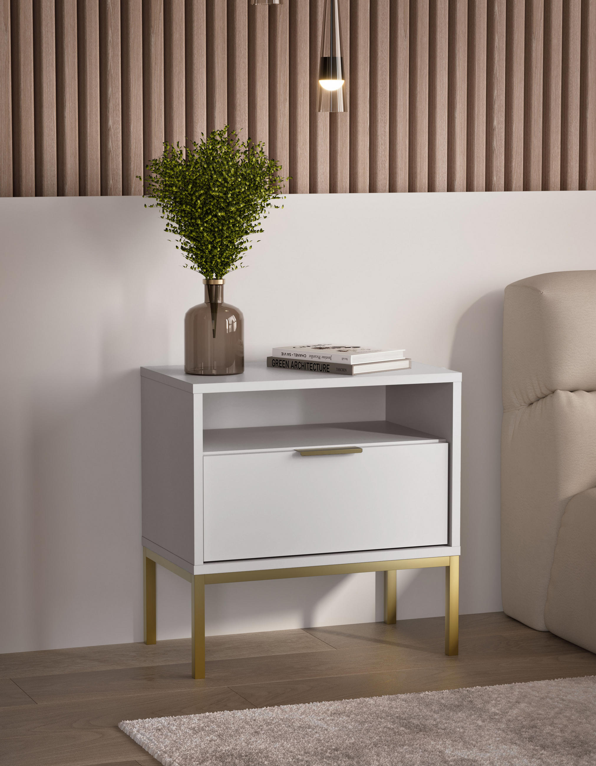 NACHTSCHRANK Austin 33/56,4/55 cm - Goldfarben/Weiß, Holzwerkstoff (33/56/55cm) - RAUMHIRSCH FURNITURE