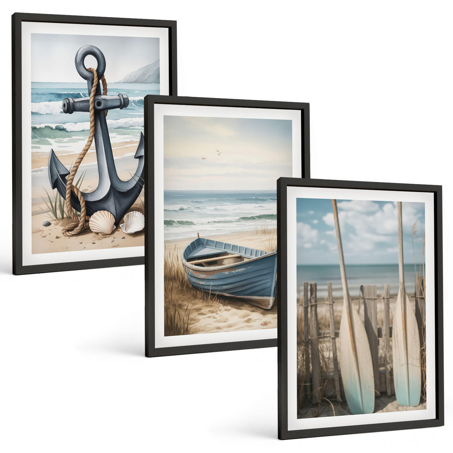 BILDER SET 3er Set - 40x60 cm Schwarzer Rahmen - Anker, Boot, Ruder, Strand - Schwarz, Kunststoff (40/60cm) - TULUP