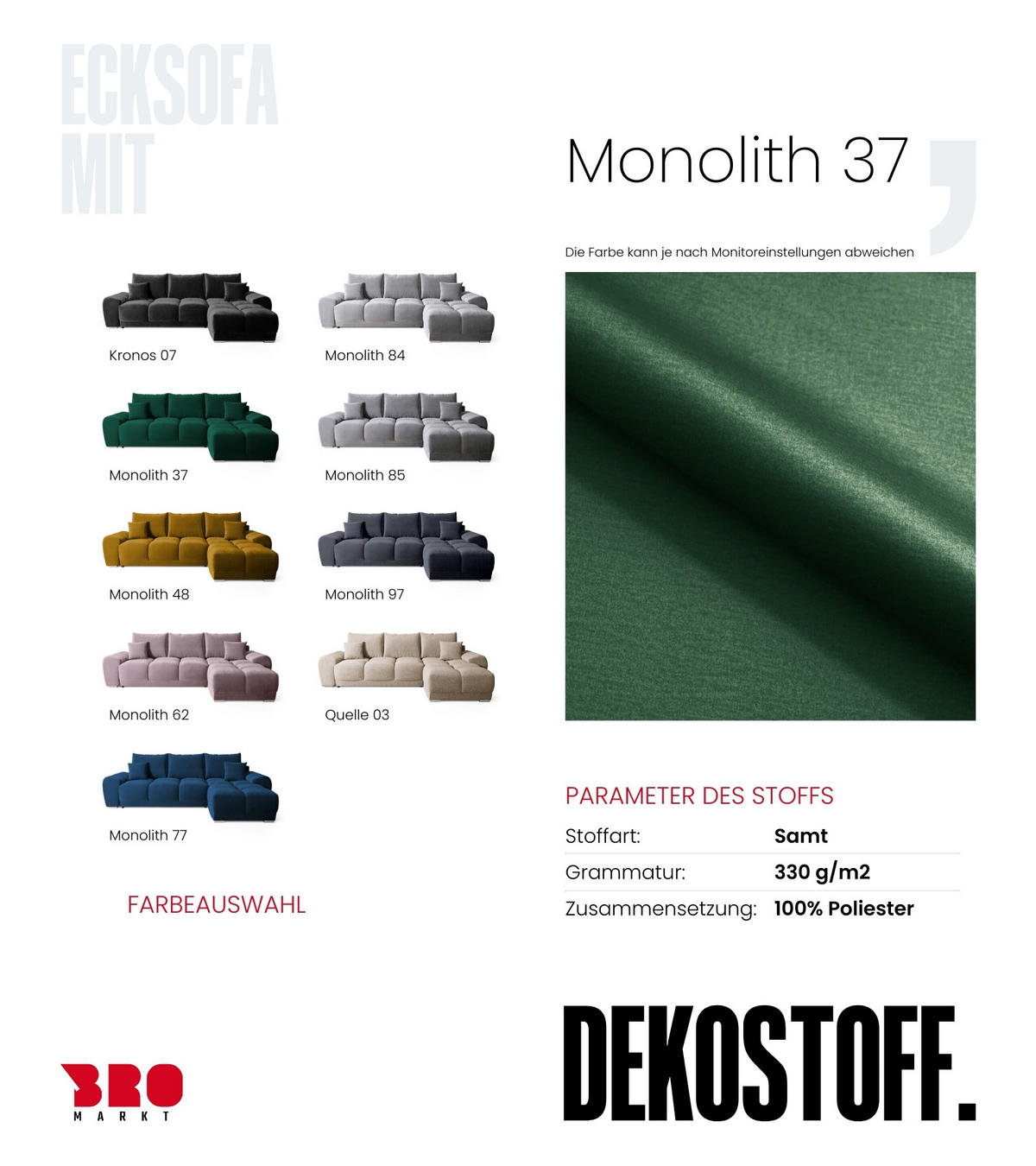 ECKSOFA Nubes mit Schlaffunktion Flaschengrün Plüsch - Dunkelgrün/Gelb, Kunststoff/Textil (290/180cm) - Bromarkt