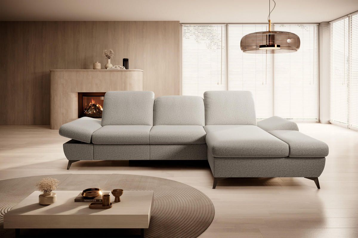 ECKSOFA FELICE R-S Beige Geflochtener Stoff mit Schlaffunktion - Beige, Holz (284/166cm) - MASSENO