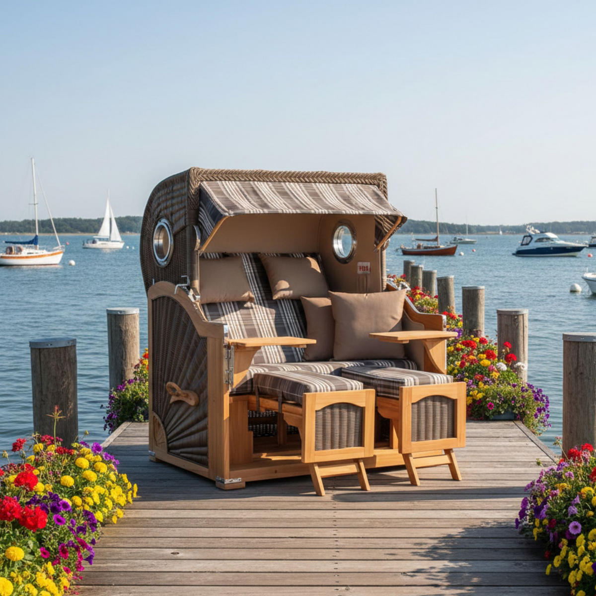 STRANDKORB Düne Grande Bullauge Teak PE Grey Dessin 522 - Braun/Grau, Metall (142/170/95cm) - Mr. Deko