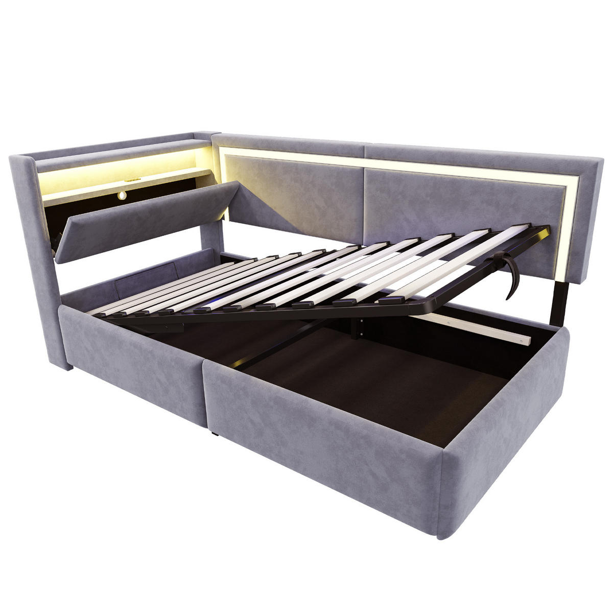 POLSTERBETT 90/200 cm aus Samt mit LED-Beleuchtung, USB-Anschluss und hydraulischem Bettkasten, Hellgrau - Hellgrau, Holzwerkstoff (90/200cm) - Redom
