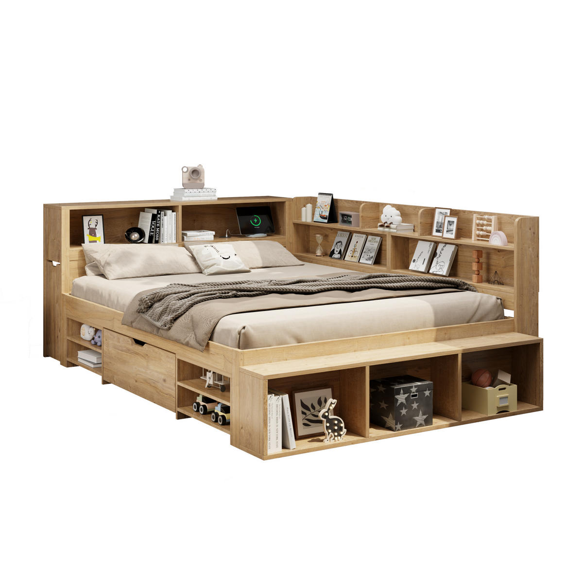 KINDERBETT 140/200 cm aus Sperrholz mit Stauraum, Regalen und kabelloser Ladefunktion Natur - Naturfarben, Holzwerkstoff (140/200cm) - Modenvie