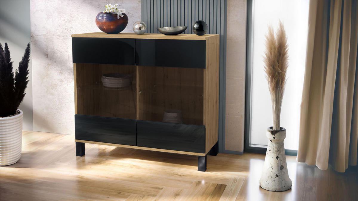 KOMMODE Bari Schwarz Hochglanz - Schwarz Hochglanz, Holzwerkstoff (92.5/84.5/35cm) - Vladon