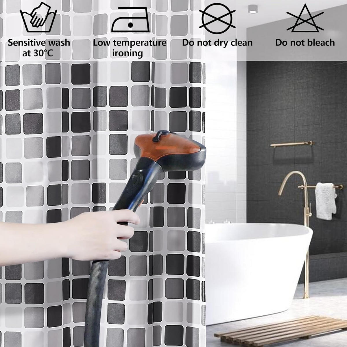 DUSCHVORHANG schimmelresistent Gewicht Stoff Polyester Badewanne wasserdicht mit Haken Schwarz Weiß Grau Mosaik - Multicolor, Textil (180/180cm) - MCBOSON