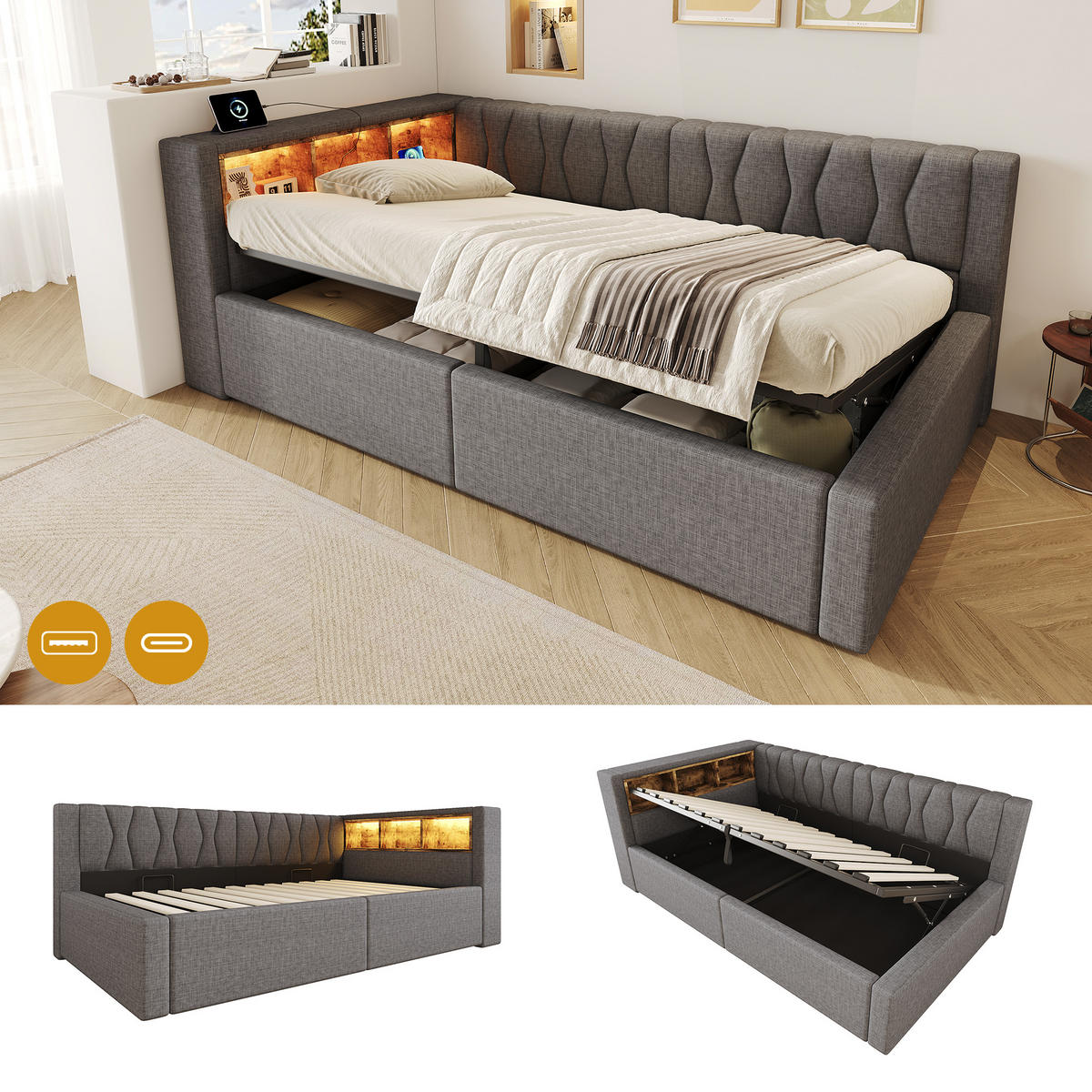 DENNÍ POSTEL 90x200cm Pohovka Úložná LED USB Šedá - šedá, přírodní materiály (90/200cm) - FLIEKS