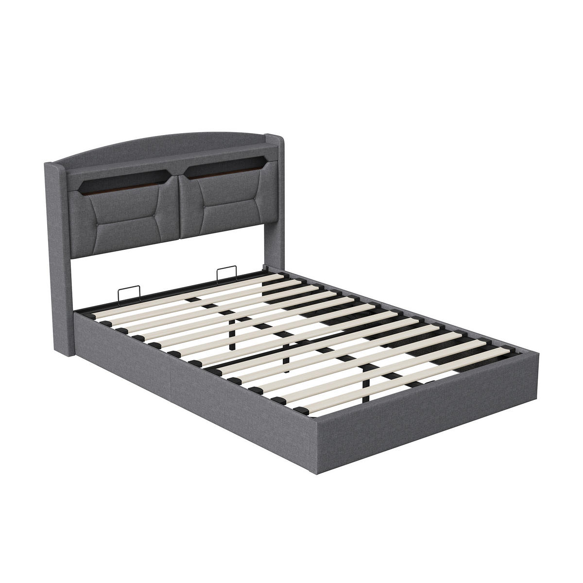 POLSTERBETT 140x200 cm LED Bettkasten USB Leinen grau - Grau, Holz (140/200cm) - LEBENLANG