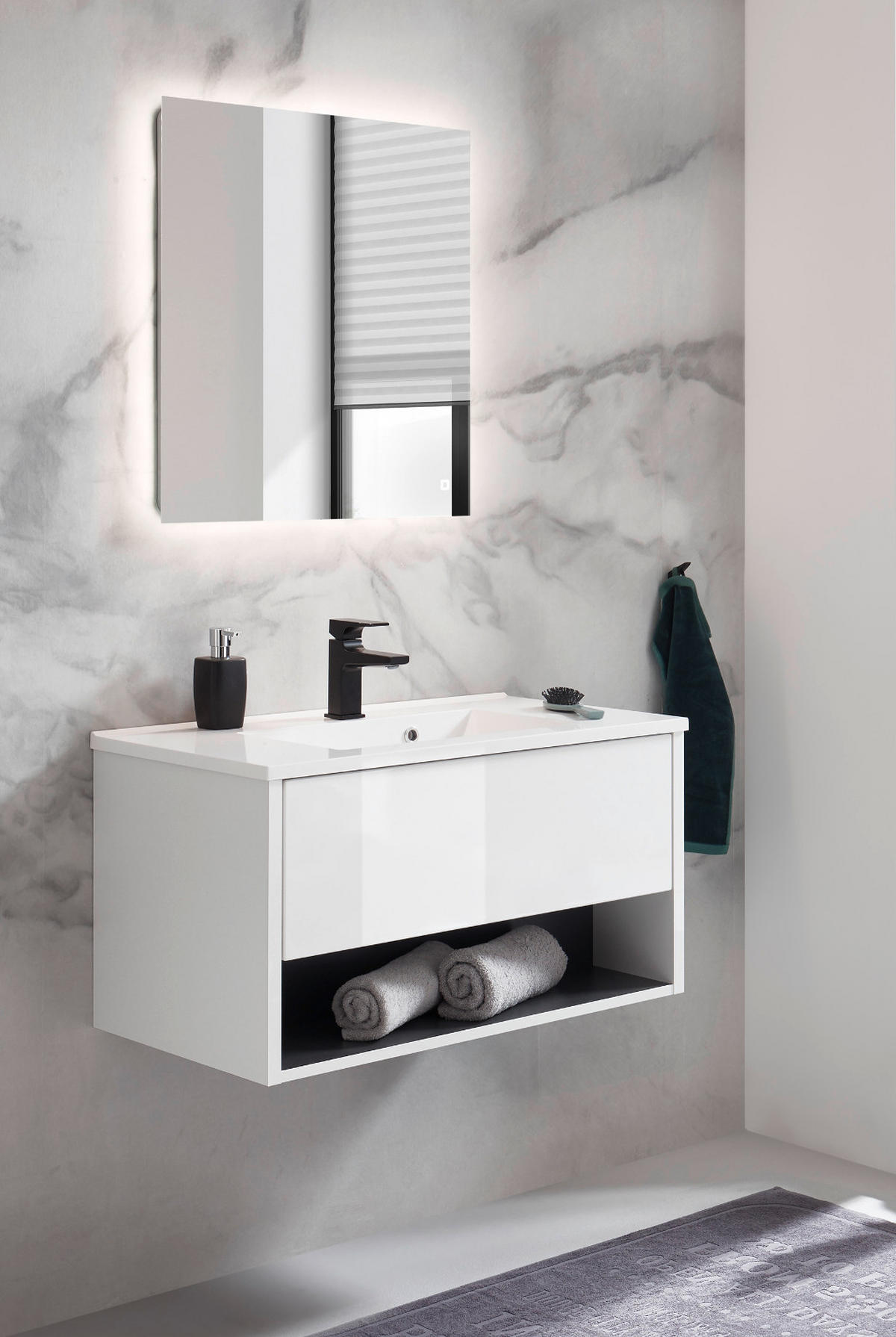 BADMÖBEL Set in weiß Hochglanz und grau mit Waschbecken und LED Beleuchtung 80 x 190 cm Glide - Weiß Hochglanz/Grau, Glas/Holzwerkstoff (80/190/47cm) - Furn.Design