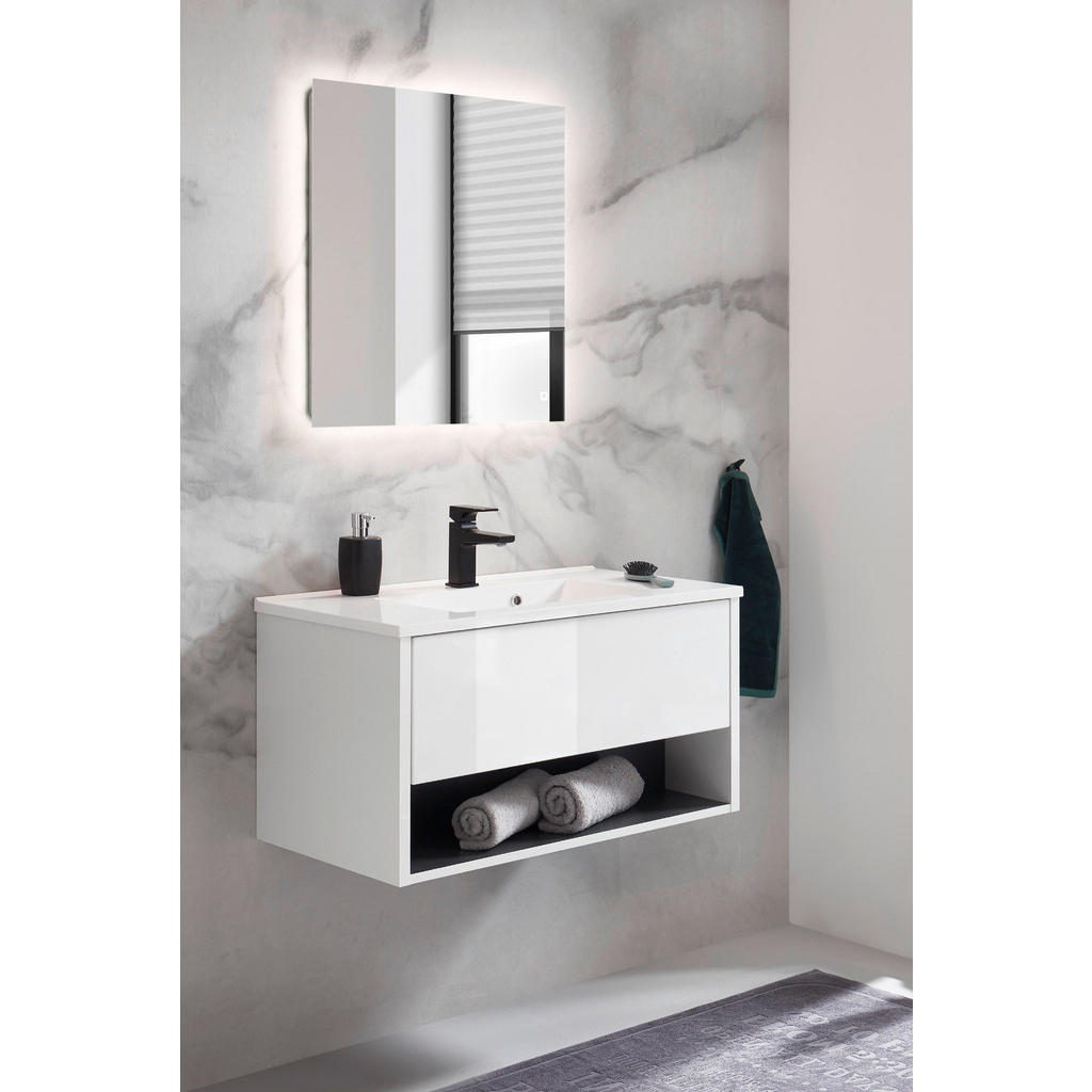 Thumbnail - Furn.Design Badmöbel-Set, Weiß Hochglanz, Grau, Holzwerkstoff, Glas, Nachbildung, Uni, 80x190x47 cm, FSC Mix, Badezimmer...