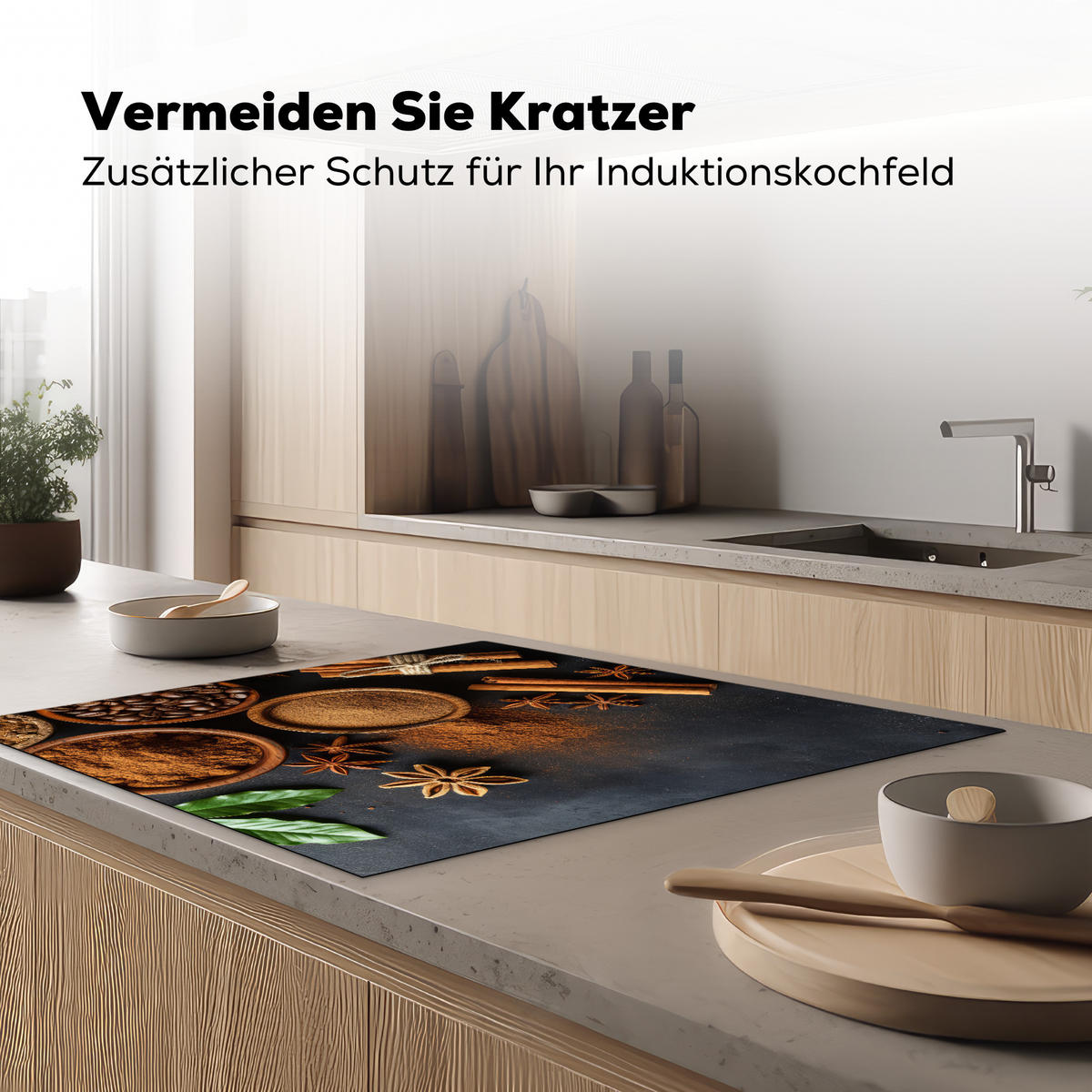 HERDABDECKPLATTE Zimt - Beton - Kaffee - Zimtstangen - Gewürze Induktionsmatte 78x78 cm - Mokka, Kunststoff (78/78/0.2cm) - MuchoWow