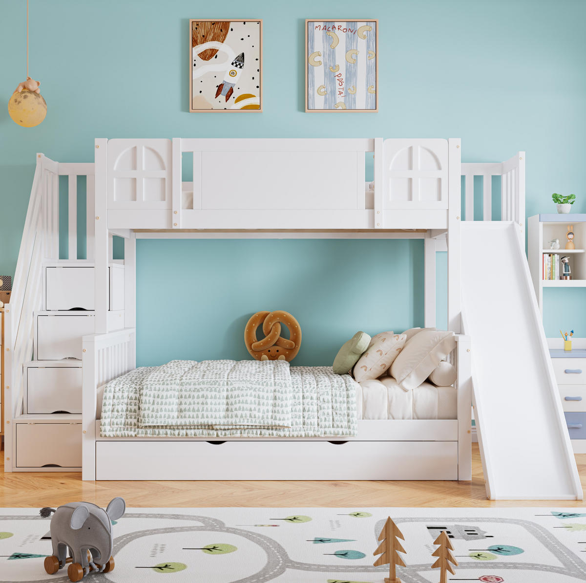 ETAGENBETT aus Kiefer und MDF 90x200/120x200 cm Weiß mit Rutsche, Stauraumtreppe und Fenstern - Weiß, Holzwerkstoff (90/200cm) - Modfu