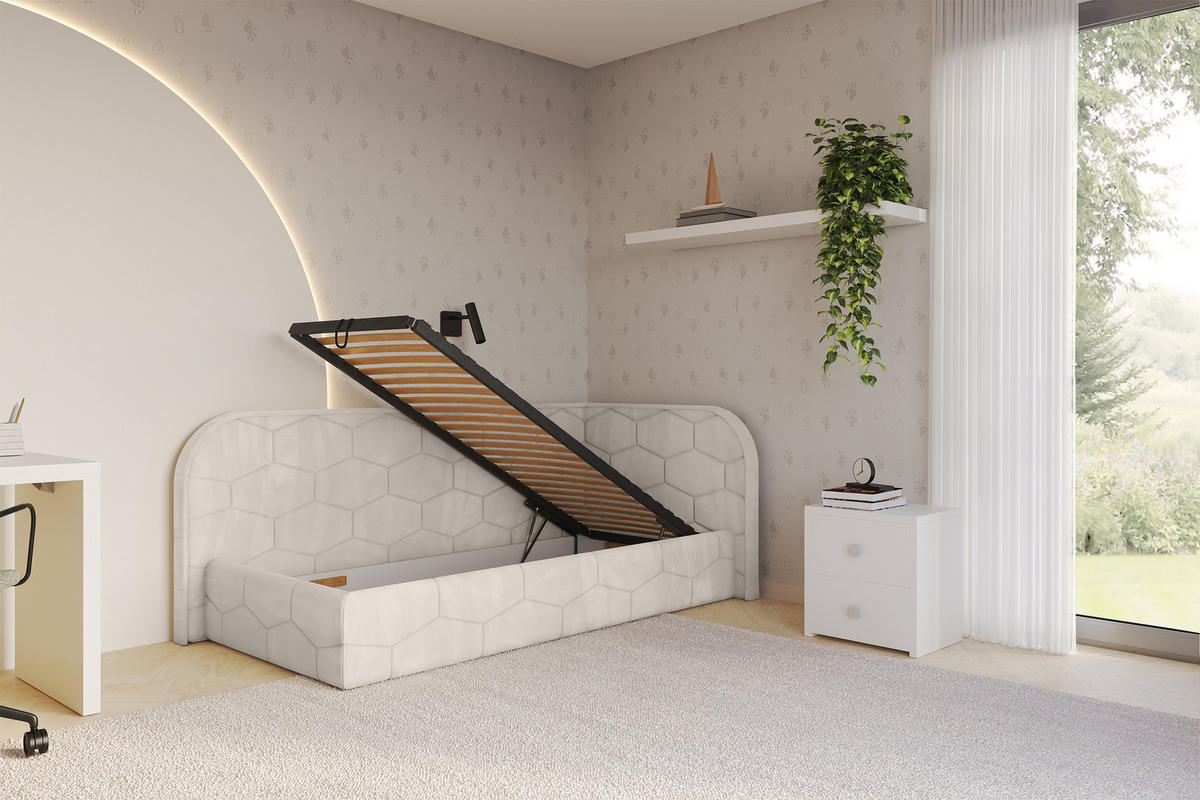 EINZELLBETT Jugendbett mit Bettkasten und Matratze H3/H4, Links - JAXY 90x200 Beige - Ecru, Holzwerkstoff/Textil (90/200cm) - ALTDECOR