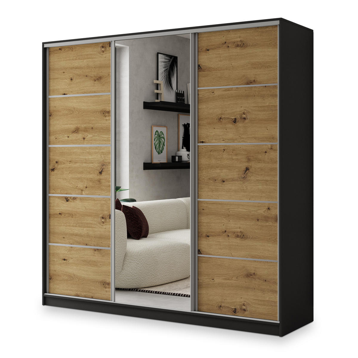 SCHWEBETÜRENSCHRANK NATA 200/205/58 cm 3-türig mit Spiegel und 4 Schubladen Schwarz - Schwarz/Eiche Artisan, Holzwerkstoff (200/205/58cm) - MASSENO