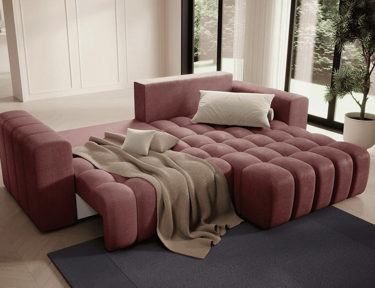 ECKSOFA mit Schlaffunktion und Bettkasten, Velours-Stoff - Rot/Schwarz, Textil (175/250cm) - Eltap