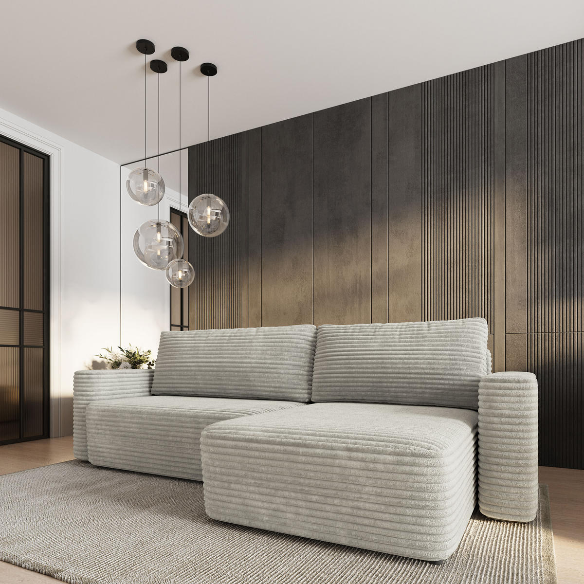 ECKSOFA TELIN Hellgrau Kordstoff mit Schlaffunktion - Hellgrau, Holz (280/162cm) - MASSENO